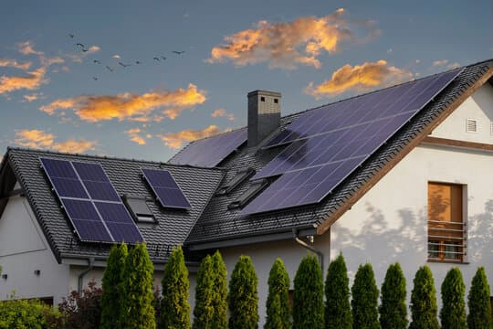 A home with a rooftop solar installation at dusk